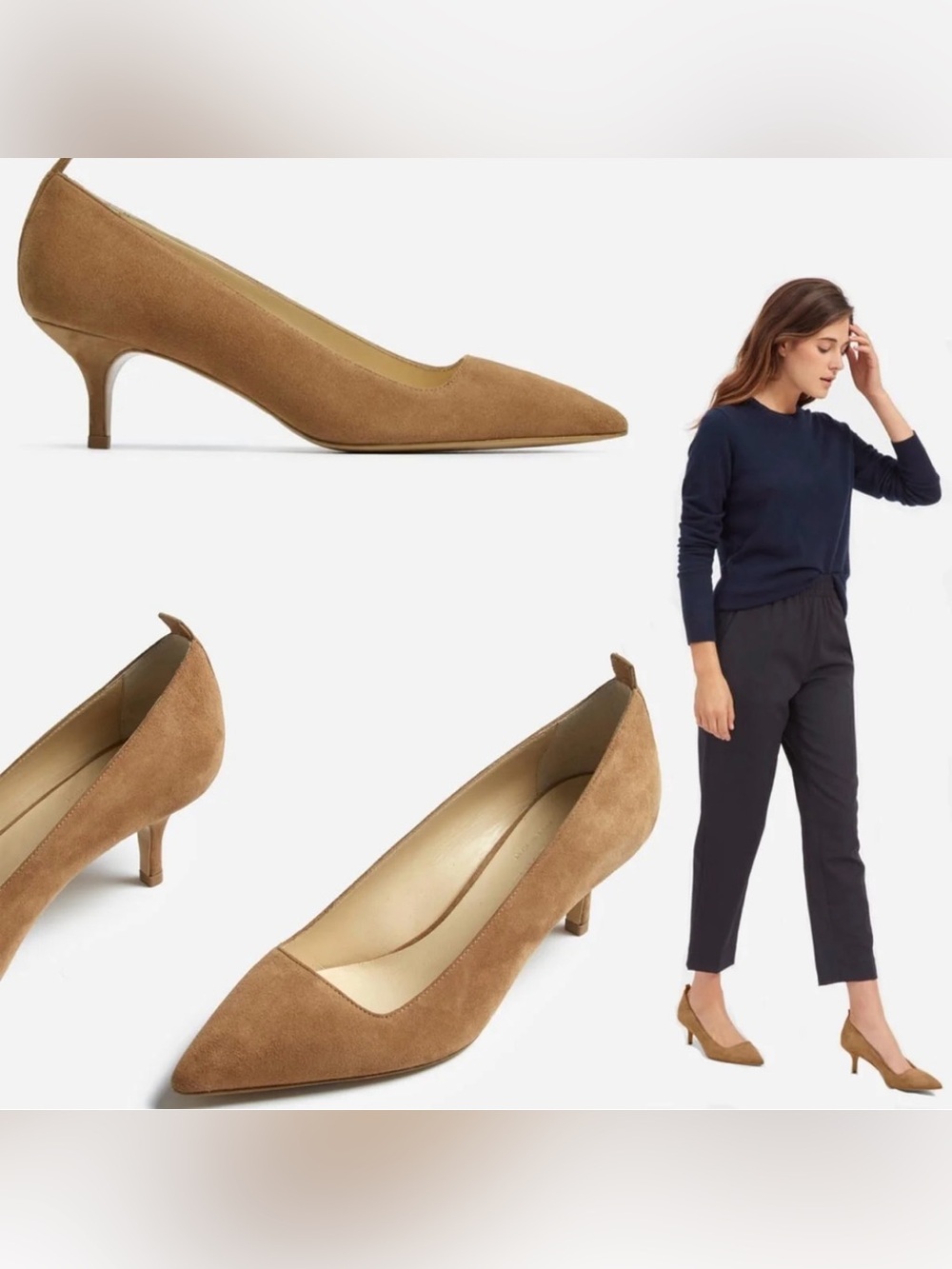 Everlane Camel Suede Pointed-Toe Kitten Heels